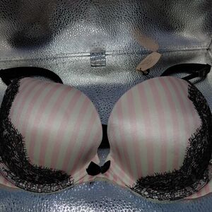 Striped Pink and Black Lace Bra